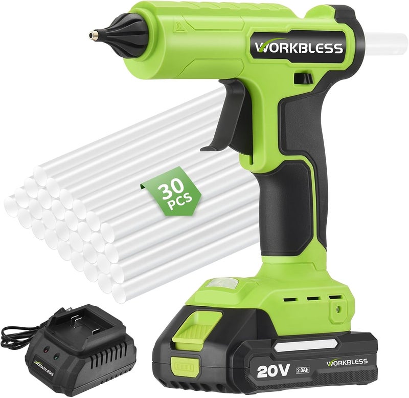 WorkBless Cordless Hot Glue Gun, Battery Power Full Size Hot Glue Gun with 20V 2Ah Battery, Leak-Proof Nozzle Heavy and Duty Glue Gun for Industrial & Crafts, 30pcs 11mm Full Size Glue Stick - Image 1